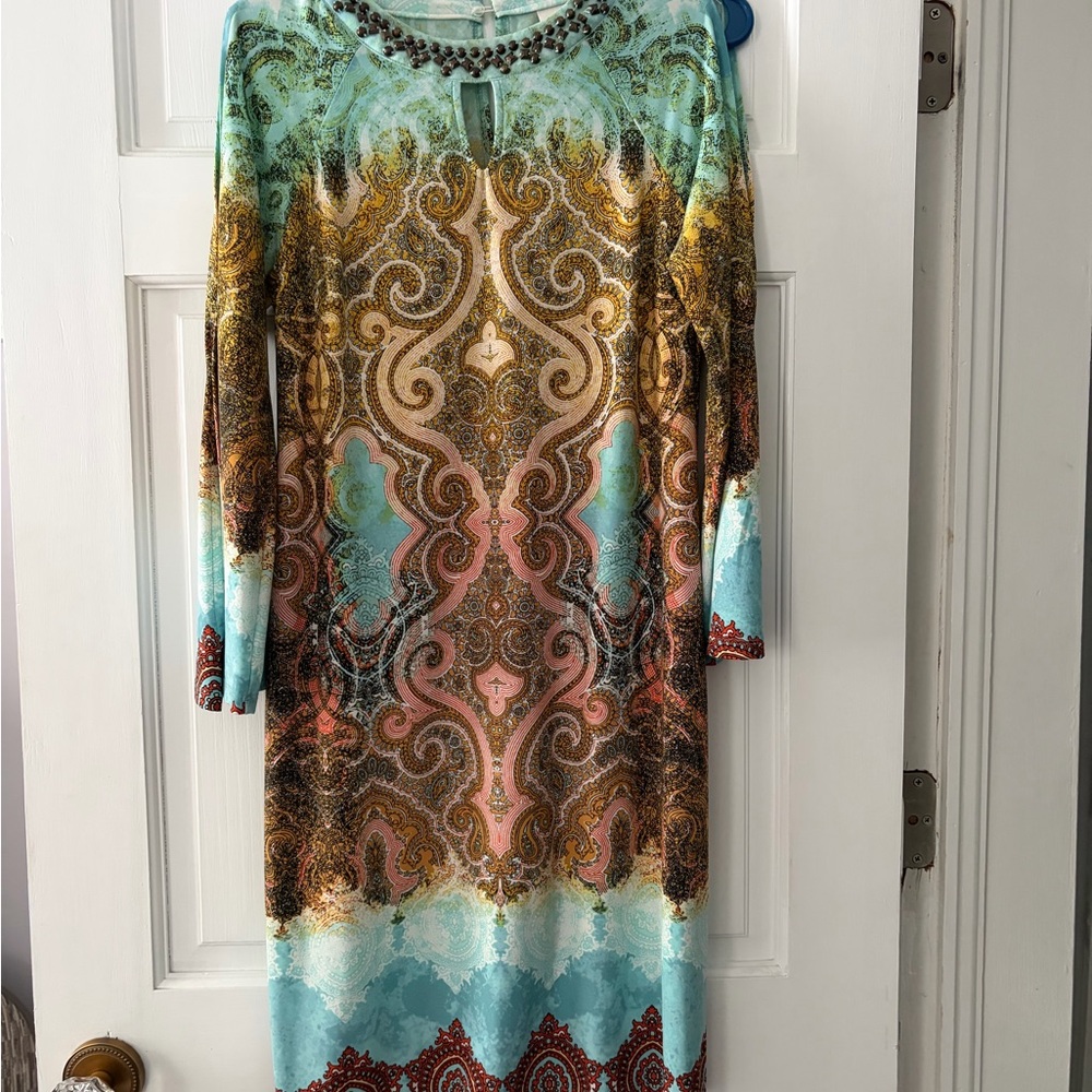Chico's Elegant Long Sleeve Dress in Brown, Blue, and Gold